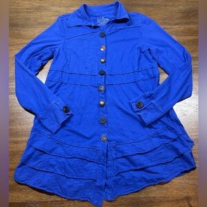 Neon Buddha Women’s Size S Blue Rhinestone Button Down Ruffle Top